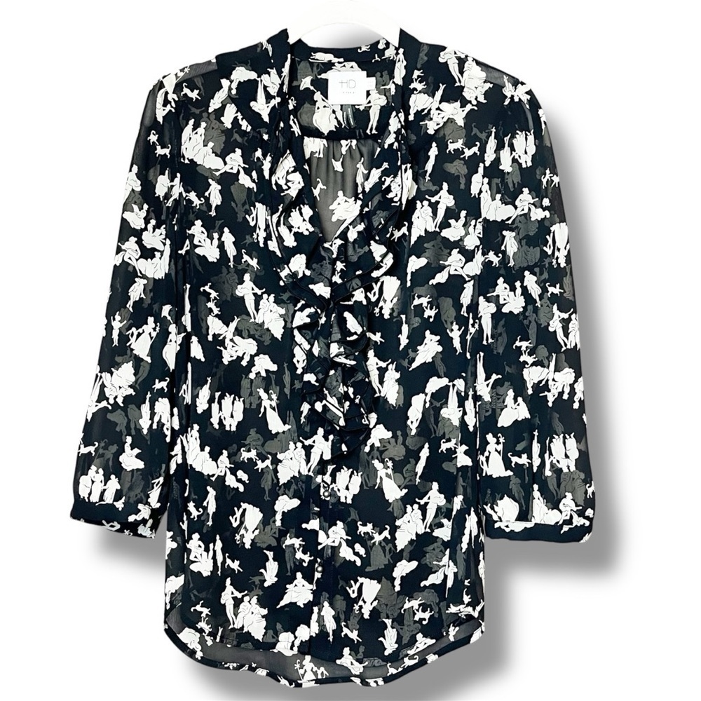 Anthropologie HD in Paris Ruffled Blouse 2 black white toile button down top